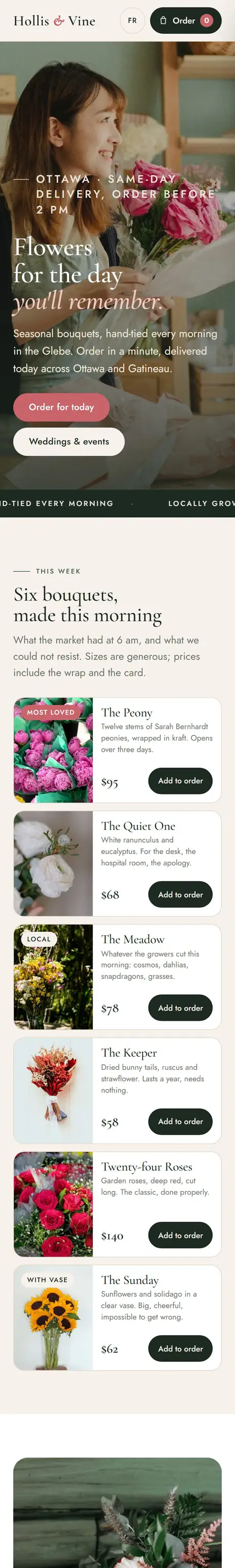 Hollis & Vine florist website on a phone
